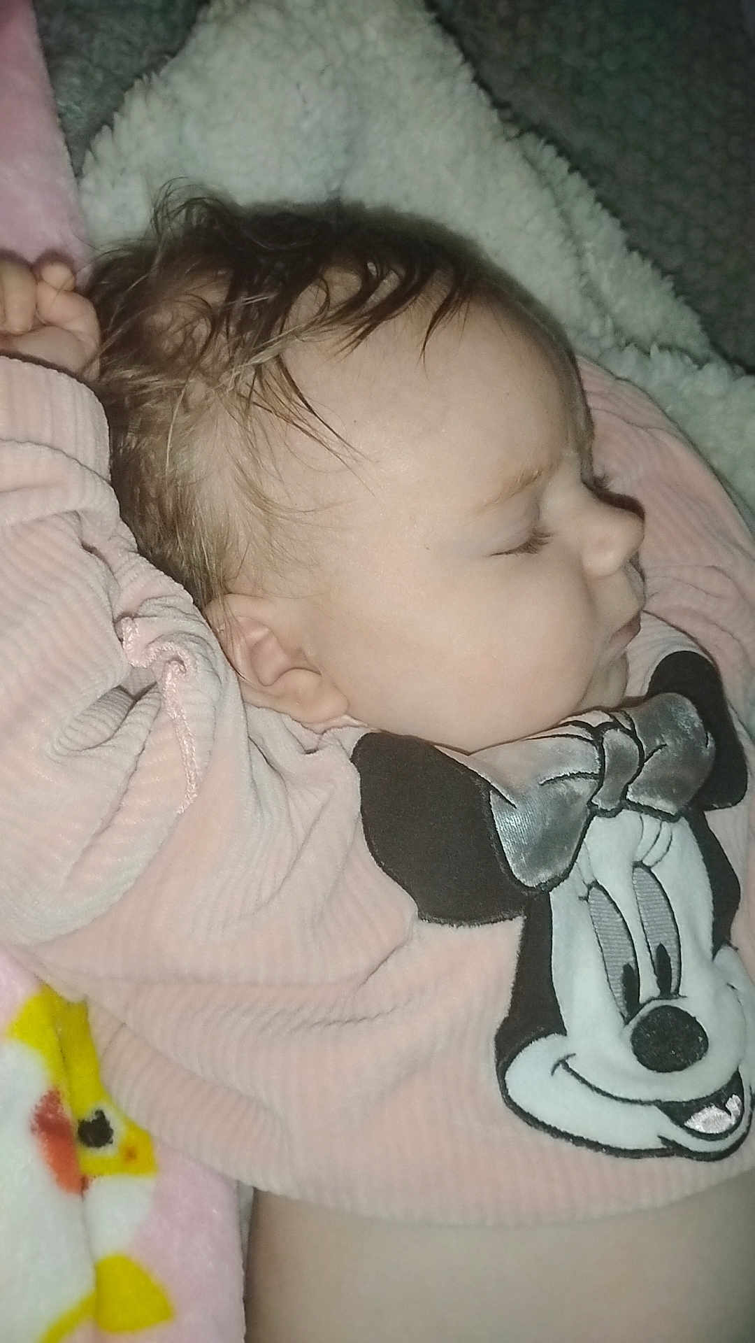 Elyria is registered to the contest to win money with this photo: baby, infant, sleeping, pink_clothing, minnie_mouse, cartoon, blanket, sherpa, closeup, face, cheek, ear, hair, eyelashes, cozy, indoor, flash, soft_texture, pajamas, cute