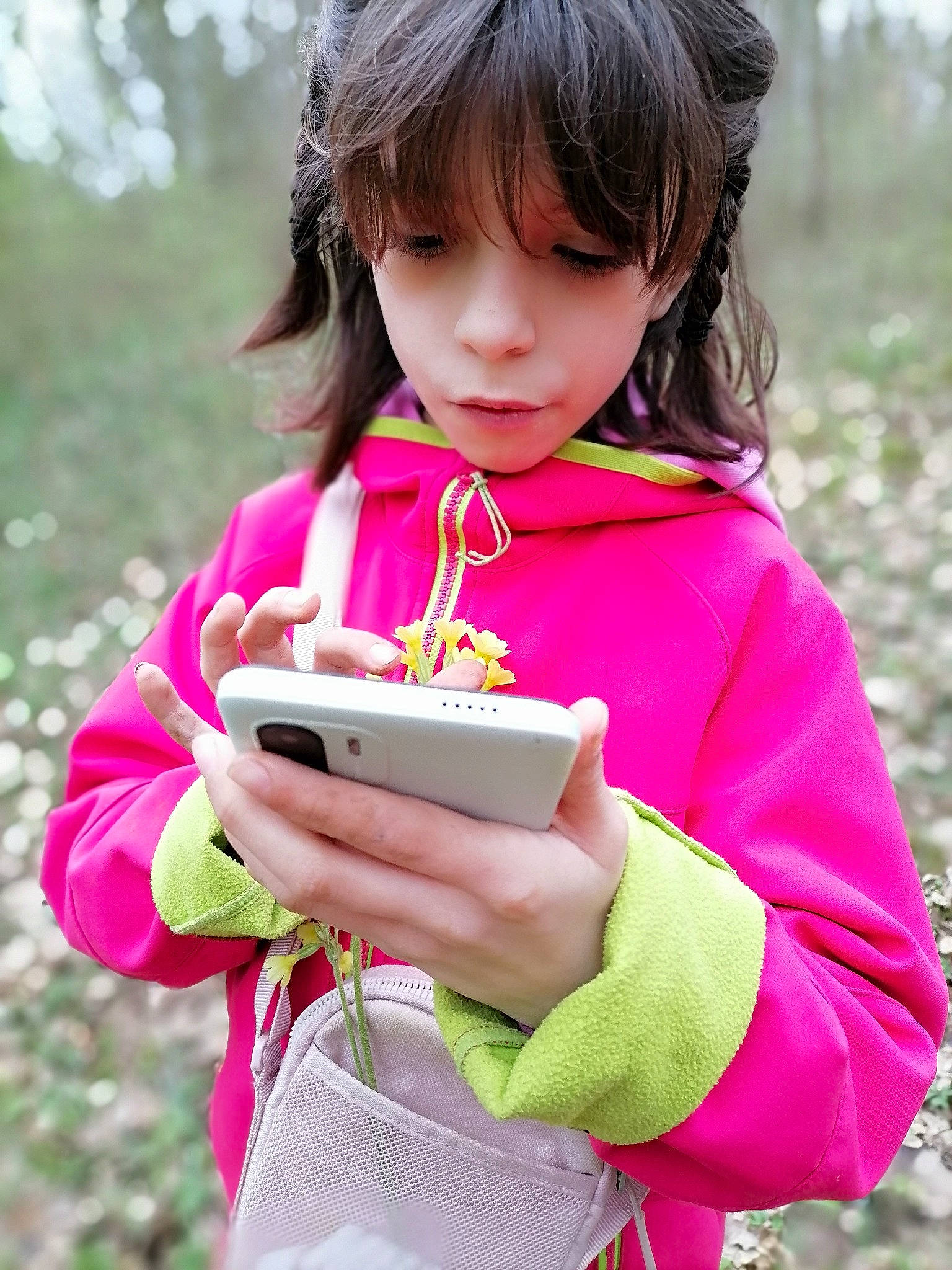 Caroline participe au concours pour gagner de l'argent avec cette photo : bangs, child, eyelash, face, fun, gadget, grass, happy, hime_cut, leisure, magenta, outerwear, people_in_nature, person, pink, plant, play, recreation, sitting, sleeve