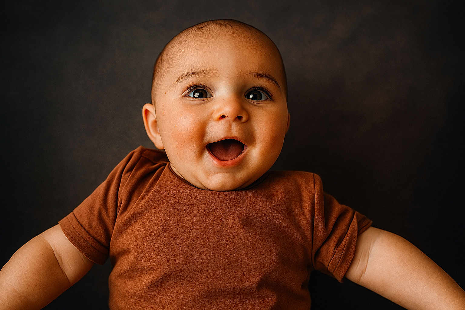 Jùlio a rejoint le concours — aidez-le/la à gagner de superbes lots ! baby, child, smiling, happy, face, portrait, infant, cute, clothing, brown_shirt, arms, closeup, studio, expression, joy, young, skin, head, eyes, background