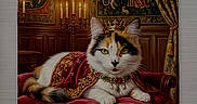 Daphne Soto joined the competition — help win amazing prizes! animal, calico_cat, candlelight, cape, cat, crown, fancy, feline, furniture, indoor, jewelry, luxury, medieval, ornate, pet, portrait, red_velvet, regal, tapestry, throne