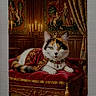 animal, calico_cat, candlelight, cape, cat, crown, fancy, feline, furniture, indoor, jewelry, luxury, medieval, ornate, pet, portrait, red_velvet, regal, tapestry, throne