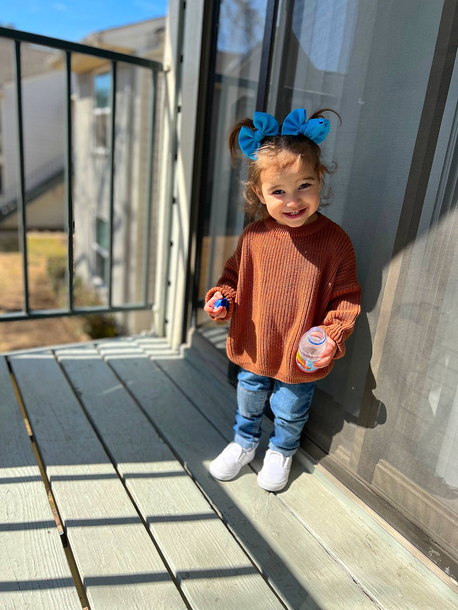 Maisyn joined the competition — help win amazing prizes! baby_toddler_clothing, child, denim, electric_blue, eyewear, flooring, fun, happy, jeans, joy, leisure, pattern, person, recreation, sitting, sleeve, standing, street_fashion, t_shirt, toddler