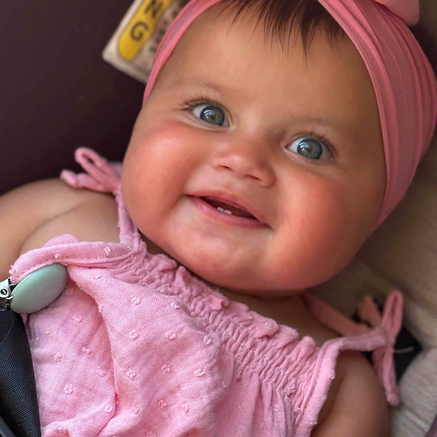 Kevrianys Sophia joined the competition — help win amazing prizes! adorable, baby, baby_girl, blue_eyes, car_seat, child, closeup, cute, face, happy, headband, indoors, infant, one_person, pink_clothing, portrait, skin, smiling, soft_texture, straps