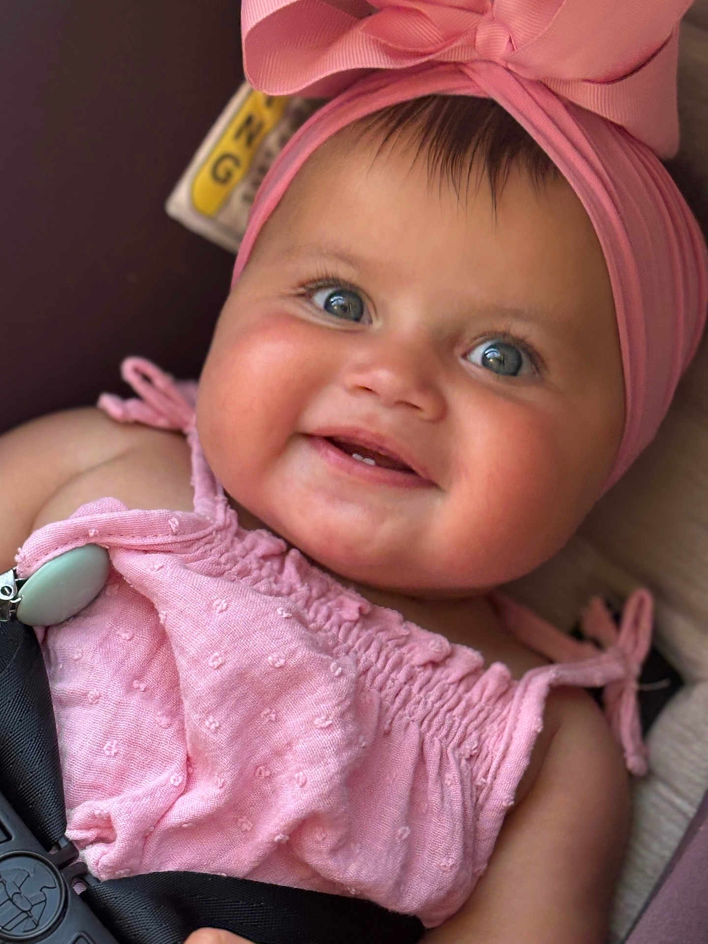 Kevrianys Sophia joined the competition — help win amazing prizes! baby, child, smiling, pink_clothing, headband, car_seat, straps, blue_eyes, closeup, cute, happy, infant, portrait, adorable, baby_girl, soft_texture, skin, indoors, one_person, face
