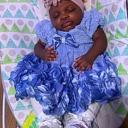 Xiomara joined the competition — help win amazing prizes! baby, sleeping, blue_dress, headband, baby_bouncer, lion_illustration, shoes, toddler, indoor, floor, wooden_floor, cute, child, infant, clothing, accessory, resting, peaceful, portrait, baby_fashion