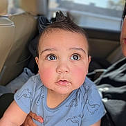 Thiago is registered to the contest to win money with this photo: baby, blue_clothing, car, car_seat, casual_wear, child, curious, cute, dinosaur_pattern, expression, eyes, face, holding_hand, indoors, infant, natural_light, person, portrait, rosy_cheeks, young_child