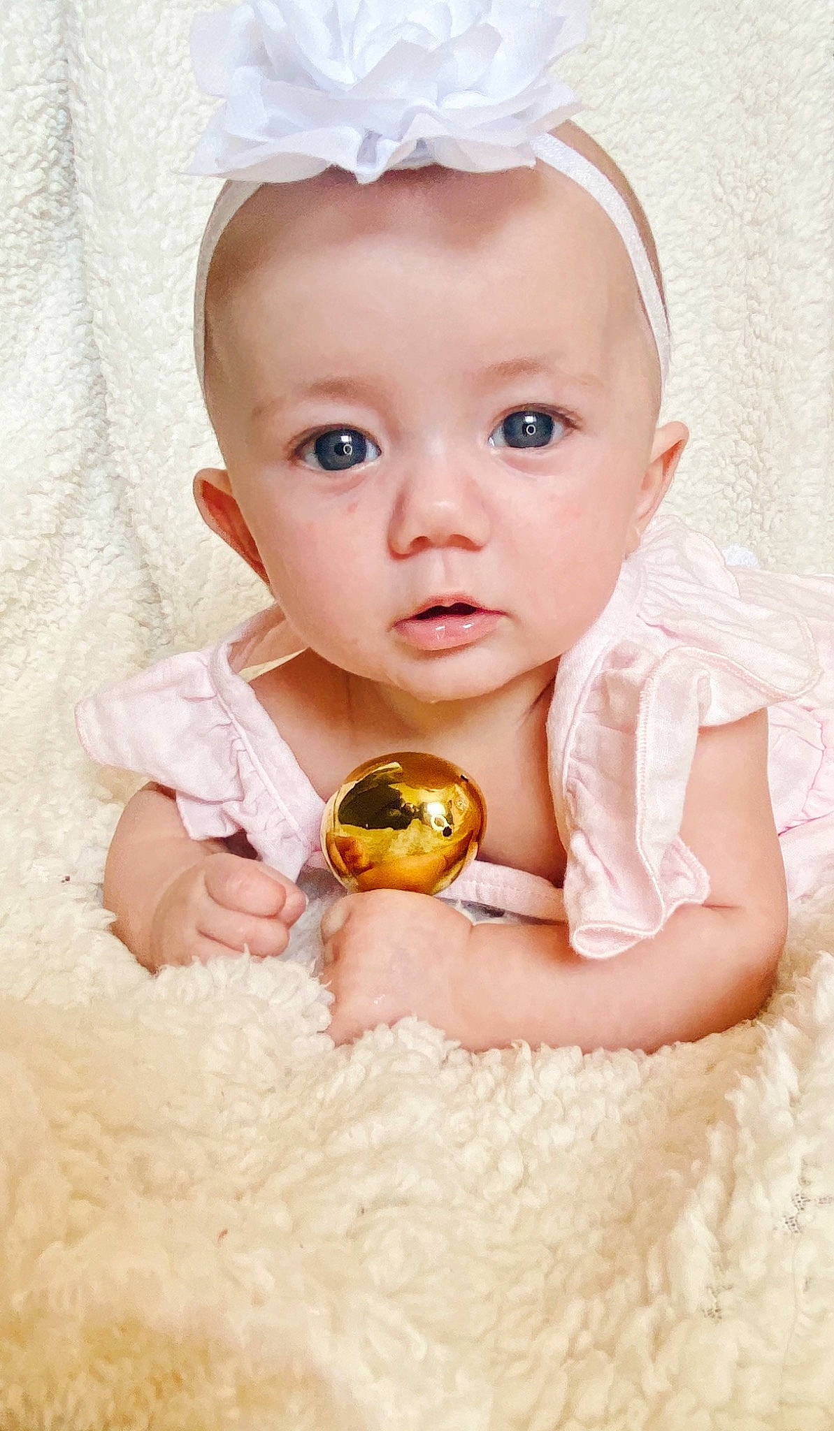 Aspyn joined the competition — help win amazing prizes! baby, baby_toddler_clothing, cheek, chin, dress, eye, eyebrow, face, facial_expression, hand, head, iris, lip, mouth, nose, organ, person, photograph, product, skin