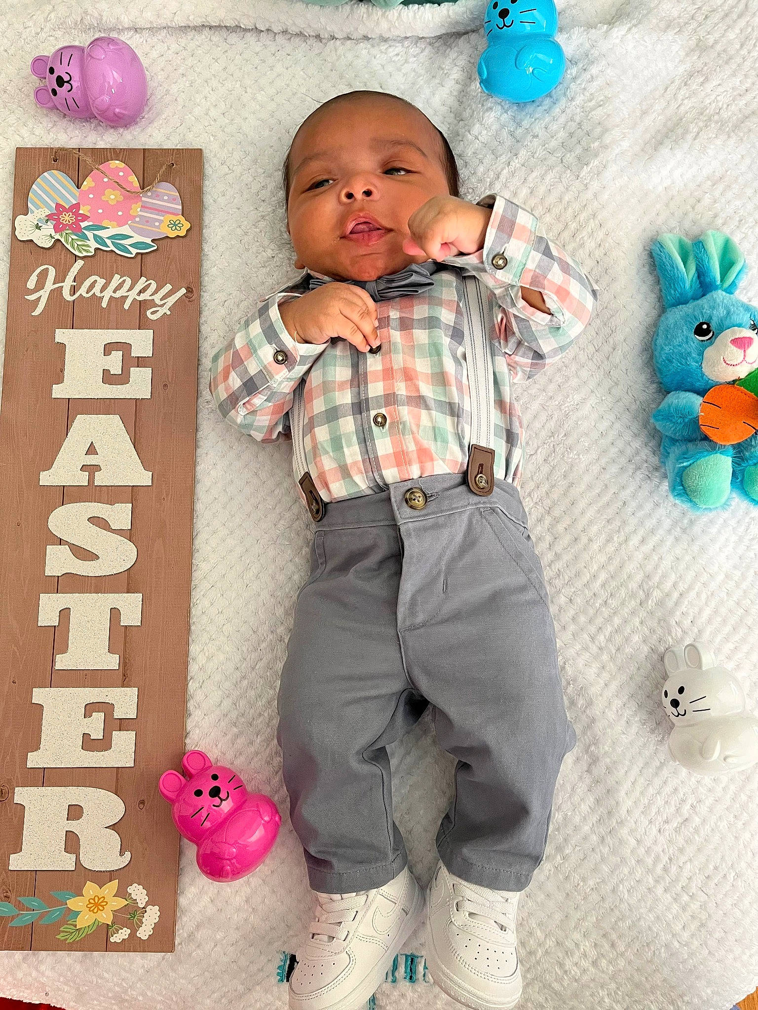 Jaylen is registered to the contest to win money with this photo: baby, baby_toddler_clothing, child, denim, face, fun, happy, pattern, person, pink, plaid, play, product, room, sleeve, sock, standing, t_shirt, tartan, textile