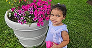 Elena joined the competition — help win amazing prizes! child, cute, daytime, dress, flower_pot, flowers, green_grass, nature, outdoor, park, person, pink_flowers, plants, purple_flowers, sandals, sippy_cup, smile, toddler, yellow_flowers, young_girl