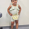 child, cute, earrings, fashion, floor, footwear, girl, hair_tie, happy, indoor, lemon, person, pose, purse, romper, sandals, smile, standing, wall, young