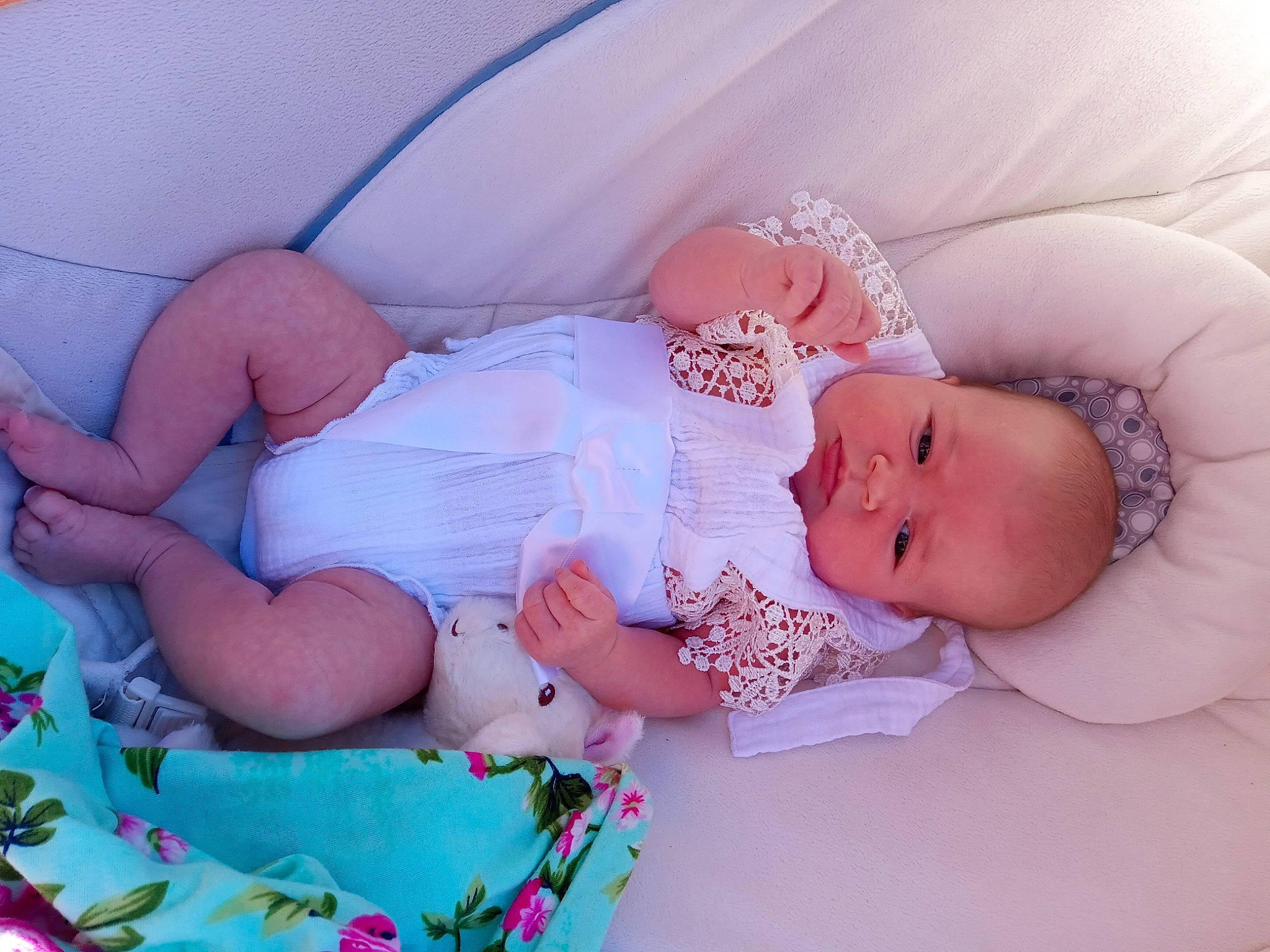 Gracie Rose is registered to the contest to win money with this photo: baby, baby_products, baby_toddler_clothing, child, comfort, dress, eye, face, finger, hand, happy, headgear, human_body, nail, pattern, person, pink, product, skin, textile