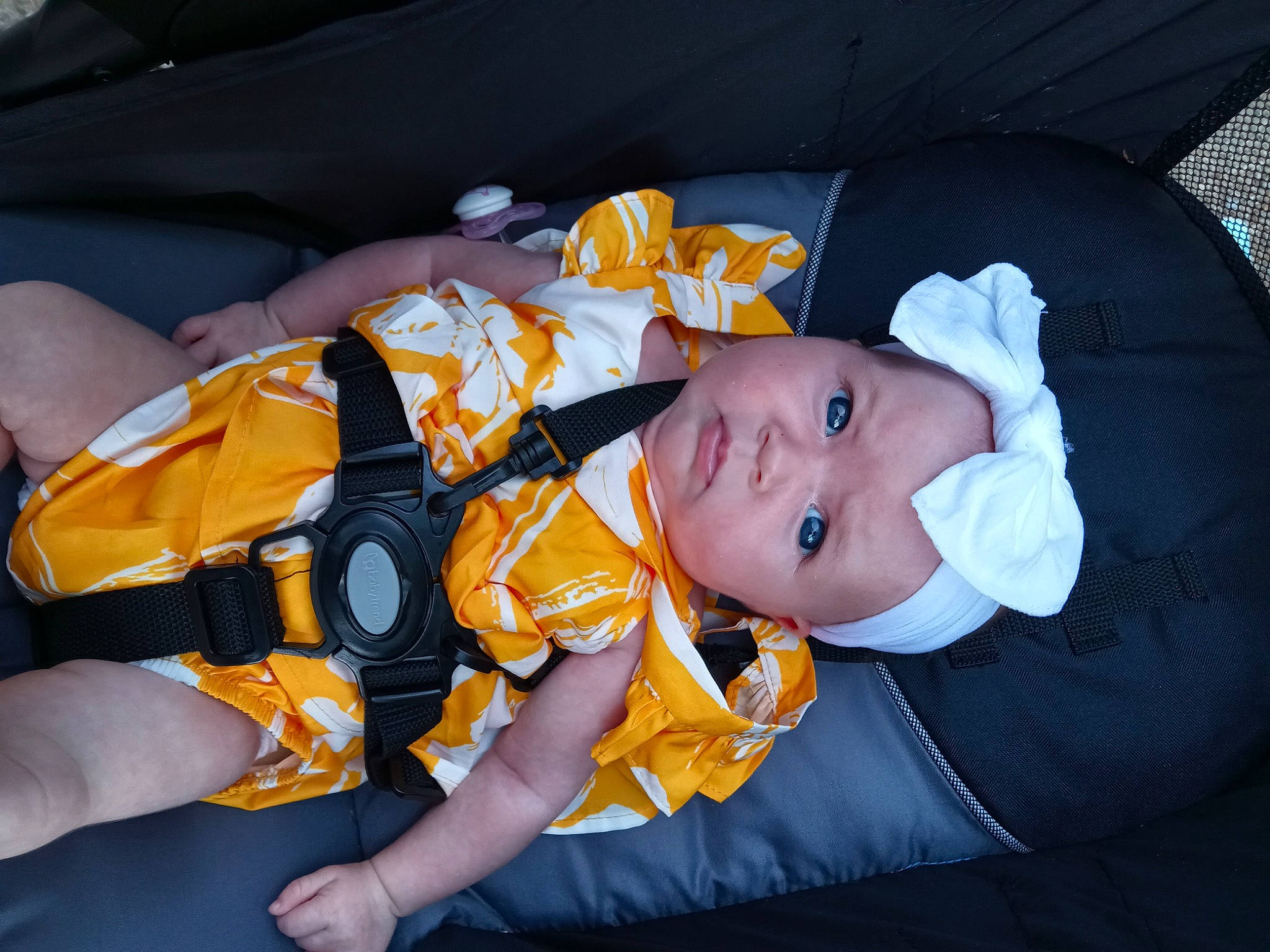 Gracie Rose is registered to the contest to win money with this photo: baby, baby_products, baby_toddler_clothing, car_seat, child, comfort, hat, lap, orange, person, sitting, toddler, tree