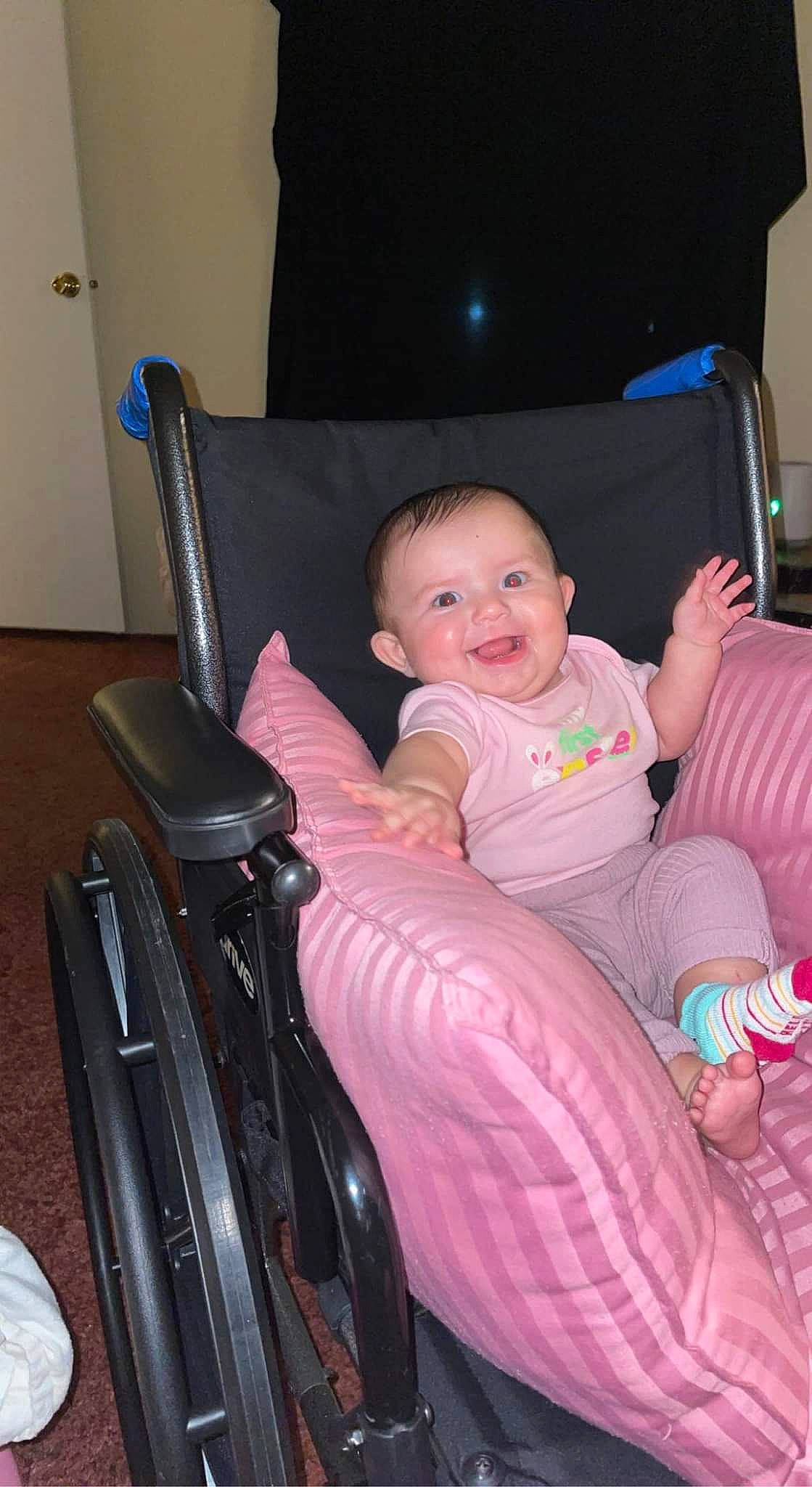 Raelynn is registered to the contest to win money with this photo: armrest, baby, baby_carriage, baby_products, baby_toddler_clothing, car_seat, chair, cheek, child, comfort, fun, joy, lap, person, product, sitting, skin, smile, thigh, thumb