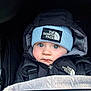 baby, child, face, blue_eyes, hat, beanie, jacket, north_face, blanket, stroller, winter_clothing, cold_weather, outdoor, closeup, portrait, cute, warm, infant, fashion, bundle