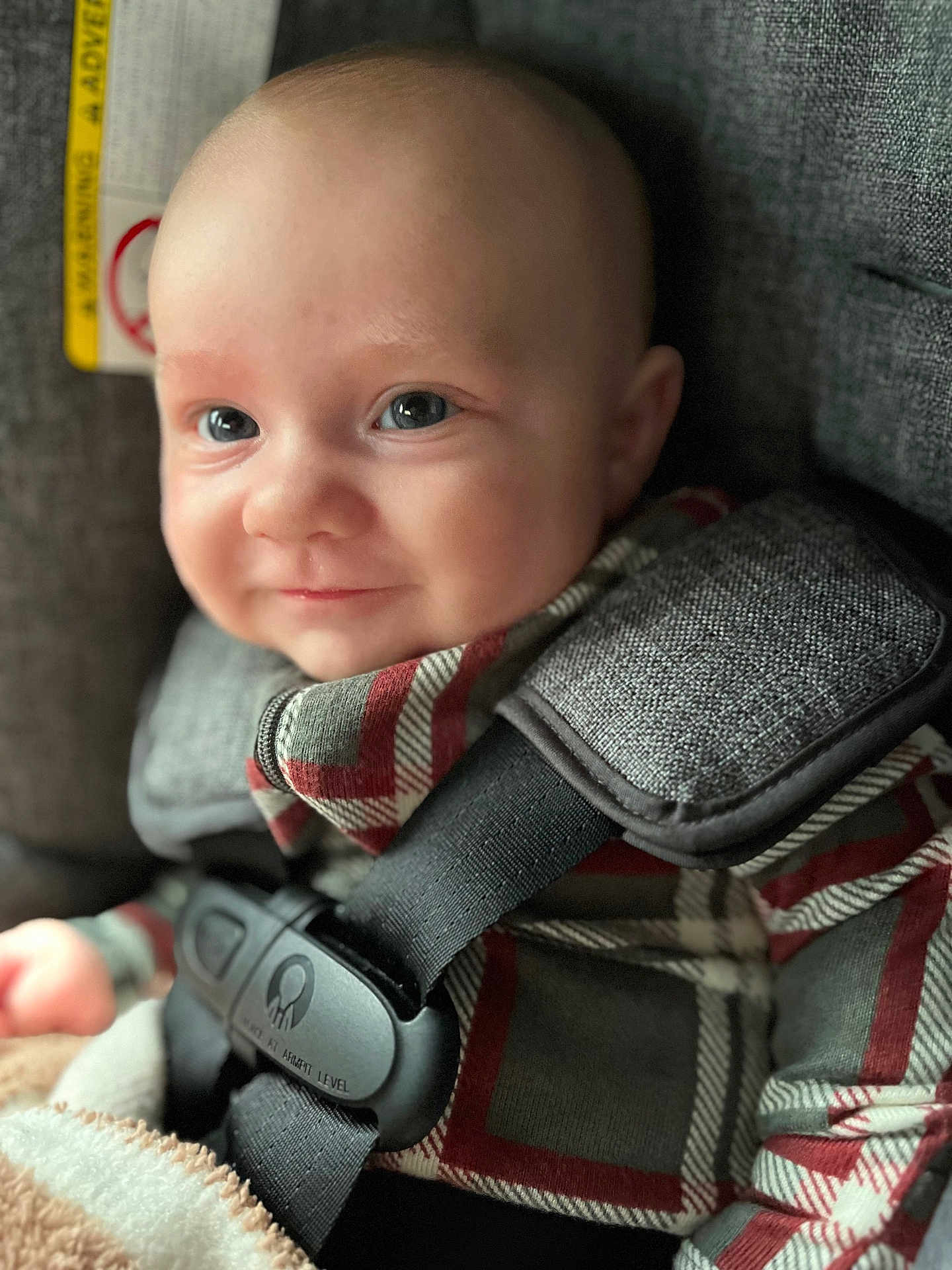 Jayce joined the competition — help win amazing prizes! baby, infant, smile, car_seat, child, plaid_clothing, straps, close_up, face, blue_eyes, cute, indoors, seatbelt, young_child, portrait, child_seat, apparel, fabric, comfort, safety