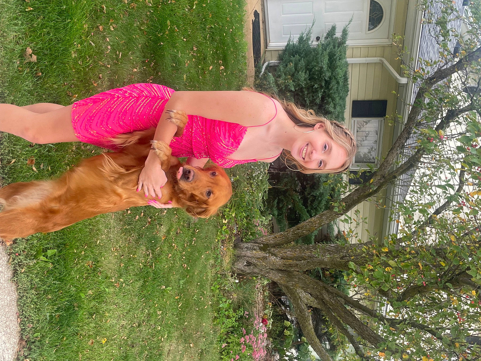 Charlotte joined the competition — help win amazing prizes! abdomen, chest, companion_dog, fun, grass, happy, human_leg, knee, landscape, leisure, people_in_nature, physical_fitness, plant, sunglasses, thigh, tree, trunk, waist