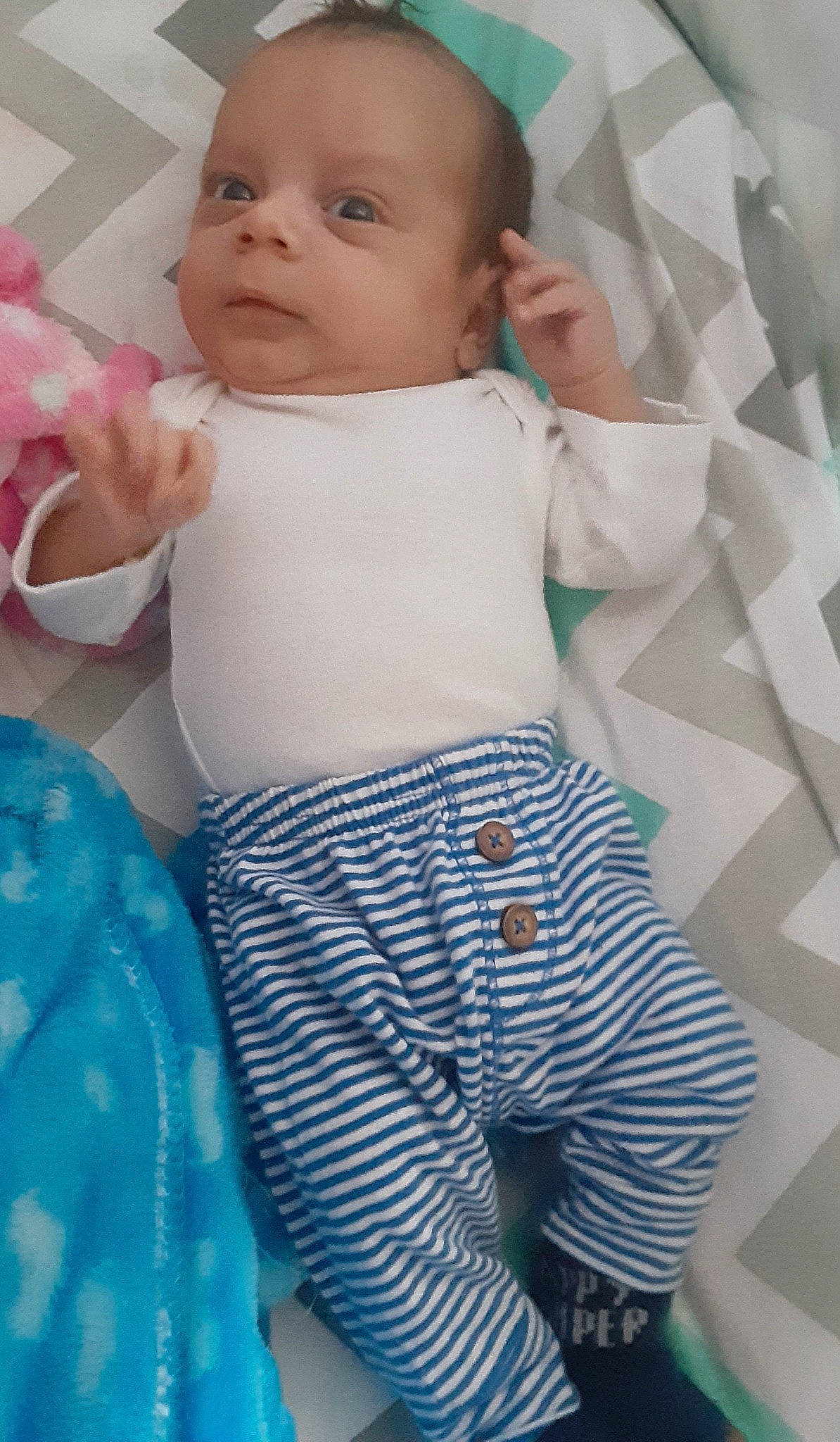 Jaxson joined the competition — help win amazing prizes! aqua, azure, baby, baby_toddler_clothing, cheek, comfort, gesture, hand, happy, head, human_body, leg, person, photograph, pink, product, skin, sleeve, stomach, textile