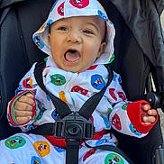 Aizan is registered to the contest to win money with this photo: baby, baby_clothes, cartoon, child, clothing, colorful_clothing, cute, happy, hoodie, infant, mickey_mouse, outdoor, pattern, person, playful, seatbelt, seated, smiling, stroller, young