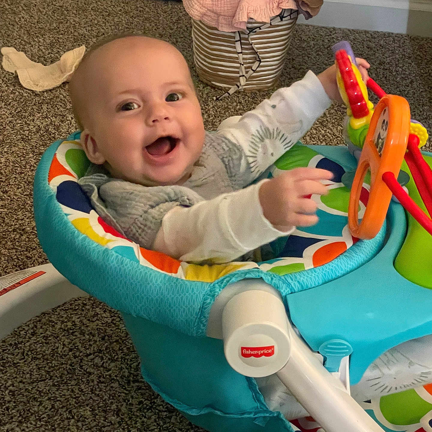 Blakelynn joined the competition — help win amazing prizes! baby, babylaughing, basket, bed, crib, cutlery, face, furniture, happy, head, homedecor, infantbed, laughing, person, photography, portrait, sitting, smile, spoon, toy