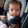 Alice joined the competition — help win amazing prizes! baby, infant, car_seat, blanket, hand, face, eyes, clothing, safety_harness, child, cute, portrait, seat, indoor, expression, newborn, skin, head, closeup, person