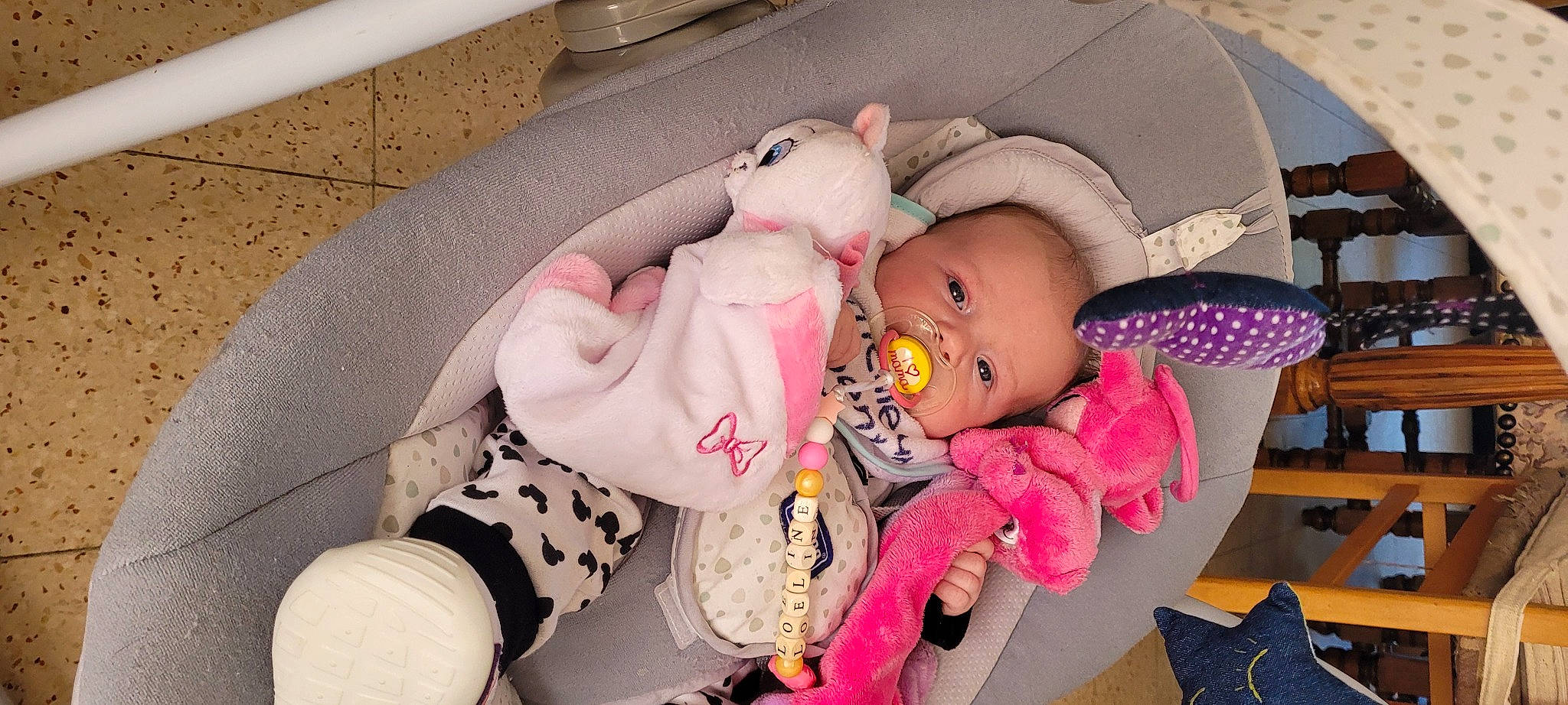 Loeline participe au concours pour gagner de l'argent avec cette photo : baby, baby_carriage, baby_products, baby_sleeping, baby_toddler_clothing, baby_toys, cheek, child, comfort, doll, hat, infant_bed, linens, person, pink, plush, product, stuffed_toy, textile, toddler