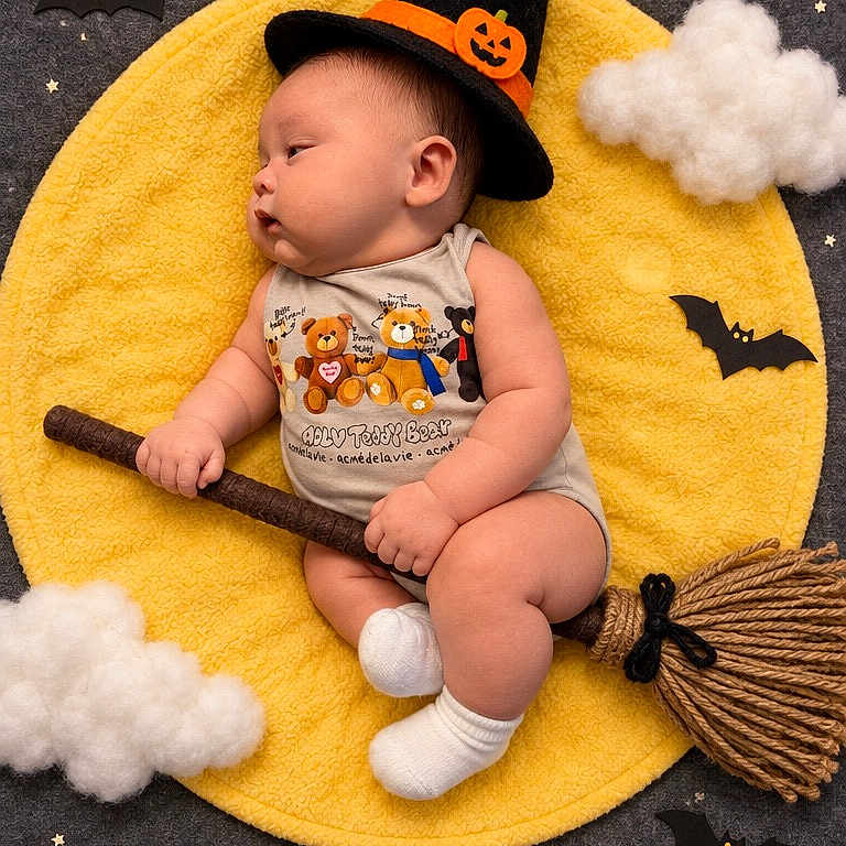 Theodore is registered to the contest to win money with this photo: baby, infant, child, sleeping, halloween, witch_hat, pumpkin, broomstick, costume, yellow_blanket, clouds, stars, bats, portrait, indoor, photography, cute, baby_booties, dark_background, festive