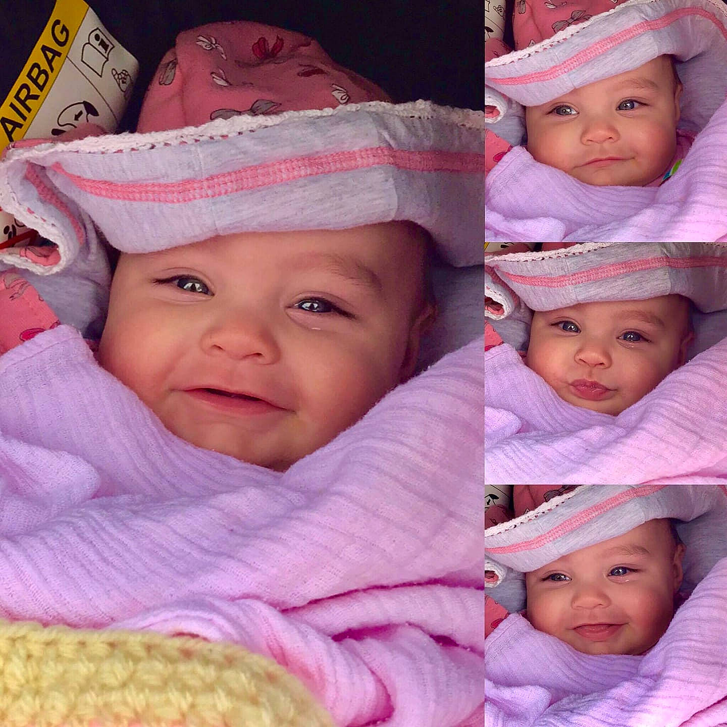 Emily is registered to the contest to win money with this photo: cheek, child, day, eye, girl, happiness, headwear, infant, iris, nose, person, pink, product, purple, skin, smile, textile, toddler