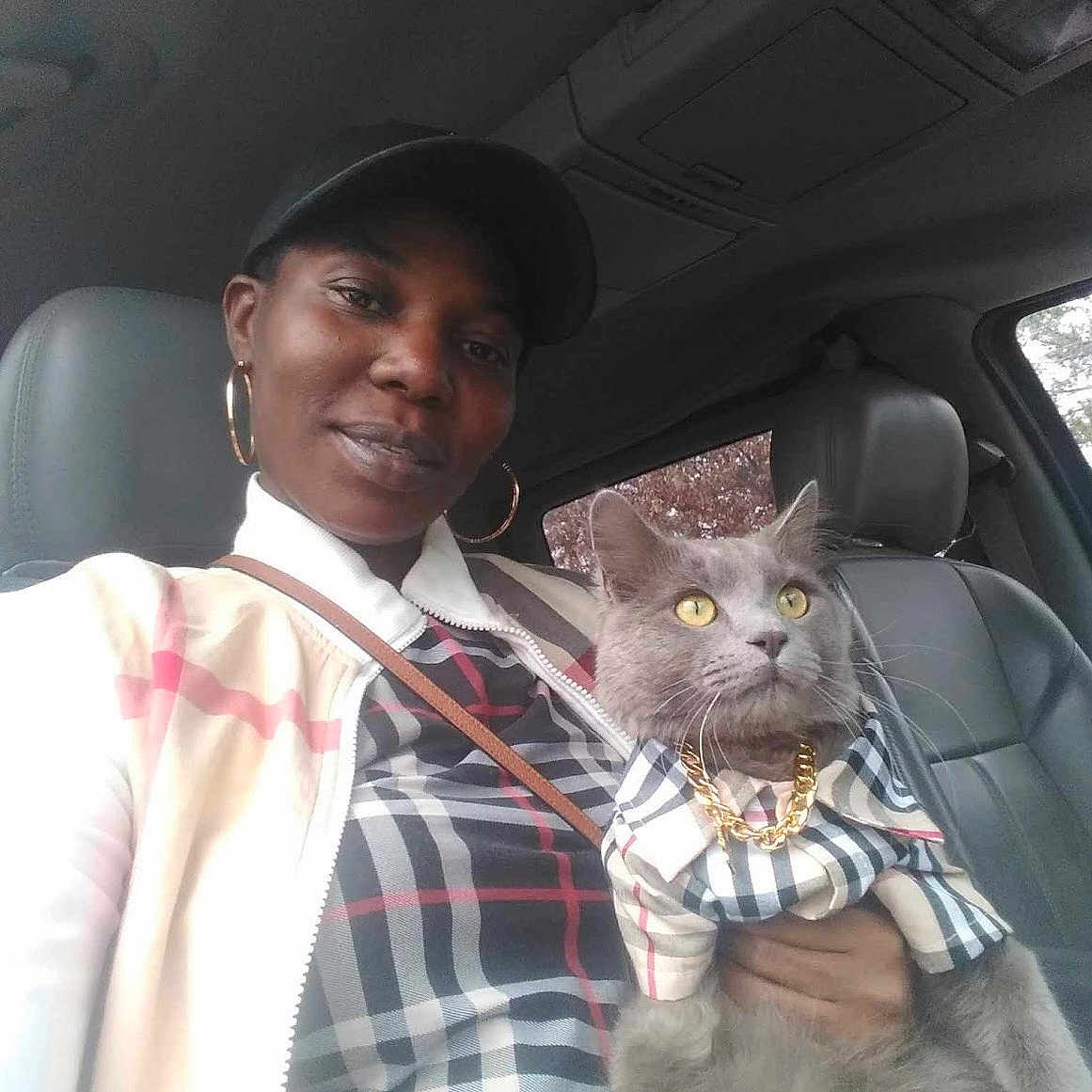 Freddie joined the competition — help win amazing prizes! person, cat, pet, selfie, car_interior, seat, plaid, gold_chain, accessory, cap, earrings, grey_cat, fur, portrait, window, dashboard, hand, fashion, eyes, smile