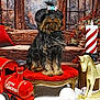 Nénette participe au concours pour gagner de l'argent avec cette photo : black_dog, christmas, decorations, dog, festive, golden_rocking_horse, hair_clip, holiday, indoor, jingle_bells, pet, plush, red_cushion, seasonal, snow, snowballs, striped_candle, toy_train, window, winter