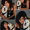 woman, dog, smiling, affection, portrait, black_clothing, collage, pet, happy, cuddling, indoor, casual, necklace, white_dog, black_harness, long_hair, cute, friendship, love, gray_background