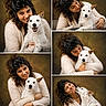 woman, dog, white_dog, portrait, hugging, smiling, happy, affection, pet, cozy, fuzzy_sweater, indoor, brown_background, emotional, candid, cute, friendship, love, companion, collage