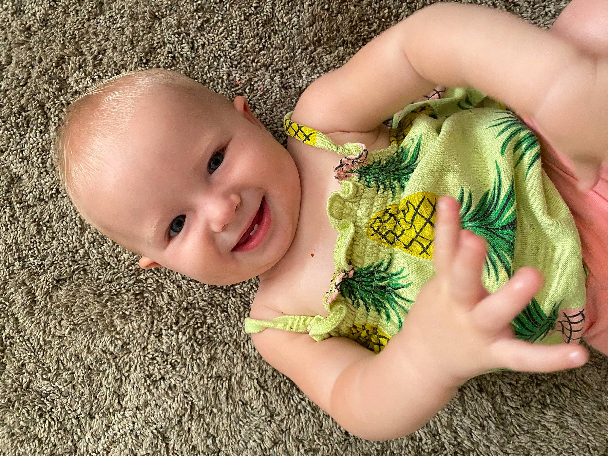 Ava joined the competition — help win amazing prizes! baby, baby_toddler_clothing, cheek, child, eyelash, facial_expression, finger, gesture, grass, happy, joy, leaf, mammal, nose, pattern, people_in_nature, person, plant, skin, smile