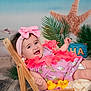 Maisie is registered to the contest to win money with this photo: baby, beach_backdrop, bow, child, cute_outfit, happy, ice_cream_pattern, indoors, infant, lei, pink_headband, playful, portrait, props, rubber_ducks, sand, smiling, starfish, tropical_leaves, wooden_chair