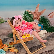 Maisie is registered to the contest to win money with this photo: baby, beach_chair, beach_toys, child, cute, flower_lei, happy, indoor_studio, pink_bow, playful, portrait, rubber_ducks, sand, seashells, smiling, starfish, summer_theme, toddler, tropical_leaves, wooden_chair