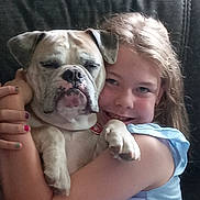Angel joined the competition — help win amazing prizes! animal, bulldog, casual_clothing, child, child_with_dog, closeup, couch, cozy, dog, domestic_animal, friendship, furniture, happy, hug, indoor, nail_polish, pet, portrait, smile, young_girl