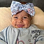 baby, child, smiling, headband, bow, clothing, sweatshirt, stitch, blue, cute, happy, face, portrait, infant, soft, cushion, indoor, cheeks, apparel, young