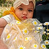 baby, child, headband, bow, daisy, flower, yellow, outdoor, nature, portrait, cute, infant, face, eyes, soft_light, summer, dress, flora, closeup, garden