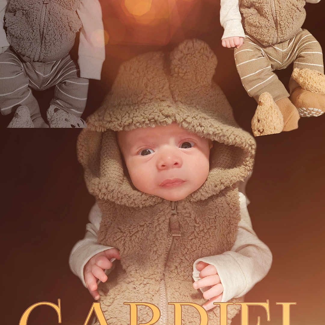 Gabriel is registered to the contest to win money with this photo: art, baby, bonnet, cap, clothing, collage, face, flare, hat, head, hood, hoodie, knitwear, light, newborn, person, photography, portrait, sunhat, sweater