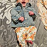 baby, barefoot, bedspread, child, clothing, cute, denim_jacket, fabric, floral_pants, happy, headband, indoor, infant, joyful, lying_down, patterned_bedspread, person, relaxed, smile, young