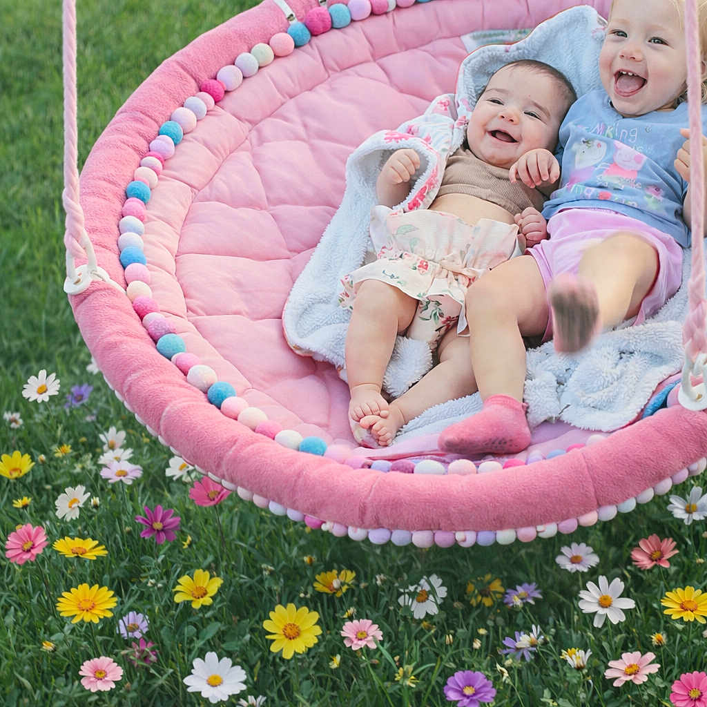Jewels is registered to the contest to win money with this photo: child, baby, toddler, swing, pink_swing, outdoor, grass, flowers, smiling, happy, playful, joyful, blanket, cute, nature, summer, fun, garden, siblings, relaxing