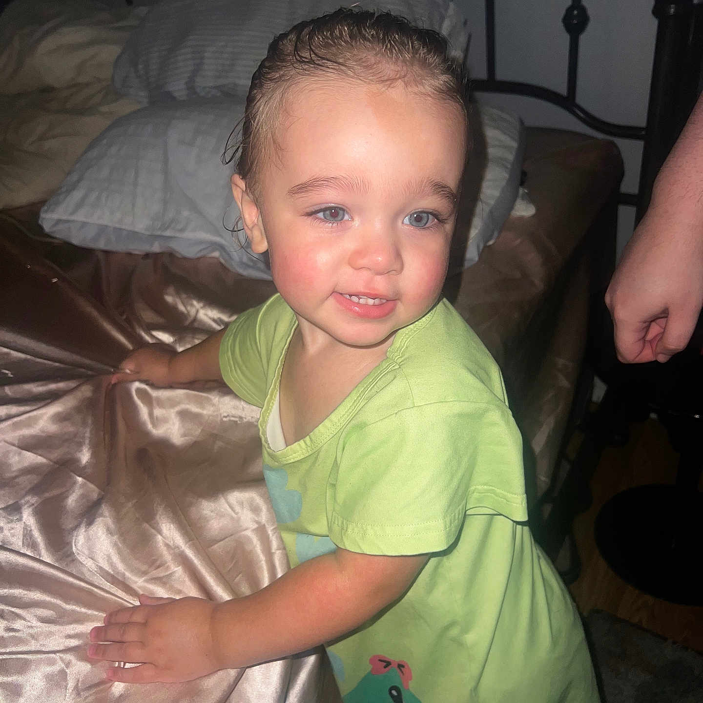 Monsai joined the competition — help win amazing prizes! bed, bedroom, child, cute, flash_photography, furniture, green_dress, hand_on_bed, indoors, person, pillow, rosy_cheeks, satin_sheets, smile, standing, toddler, turtle_print, wet_hair, wooden_floor, young_child