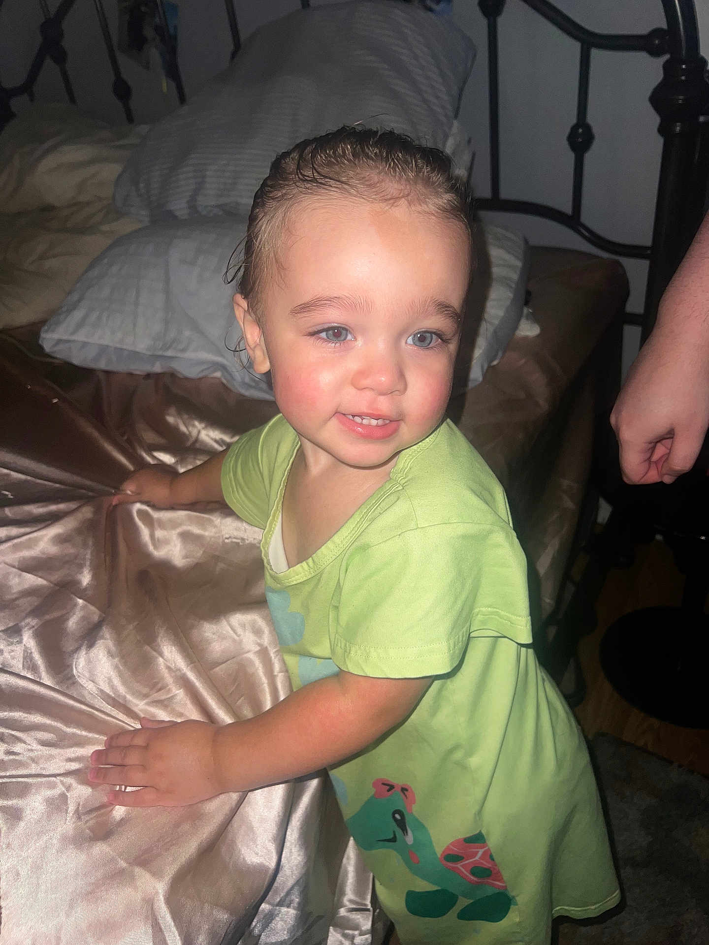 Monsai joined the competition — help win amazing prizes! toddler, child, bedroom, green_dress, turtle_print, bed, pillow, satin_sheets, wet_hair, smile, rosy_cheeks, standing, hand_on_bed, indoors, person, young_child, cute, flash_photography, wooden_floor, furniture