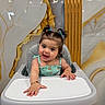 Eliana joined the competition — help win amazing prizes! baby, child, high_chair, smiling, happy, portrait, indoor, person, hair_ties, blue, green_dress, gold_bracelet, marble_wall, golden_accent, furniture, cute, small_hands, curly_hair, table, infant
