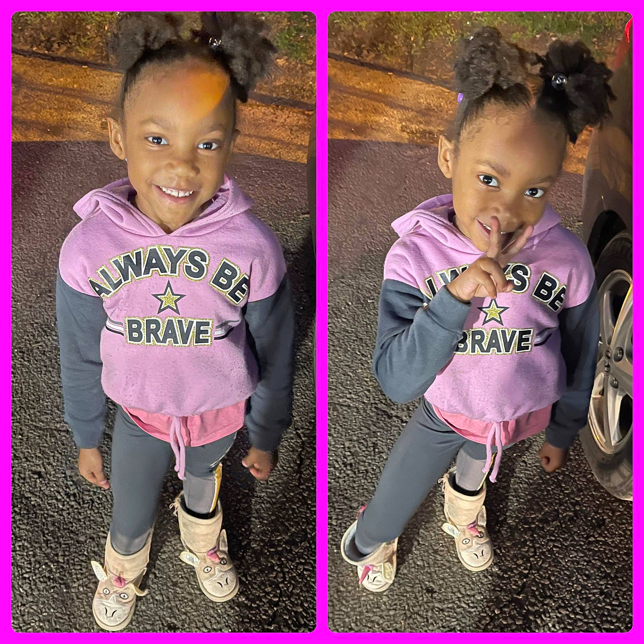 Jmiyah is registered to the contest to win money with this photo: arm, baby_toddler_clothing, clothing, cool, font, footwear, happy, headgear, joy, outerwear, person, photograph, pink, product, purple, shoe, sleeve, smile, standing, t_shirt