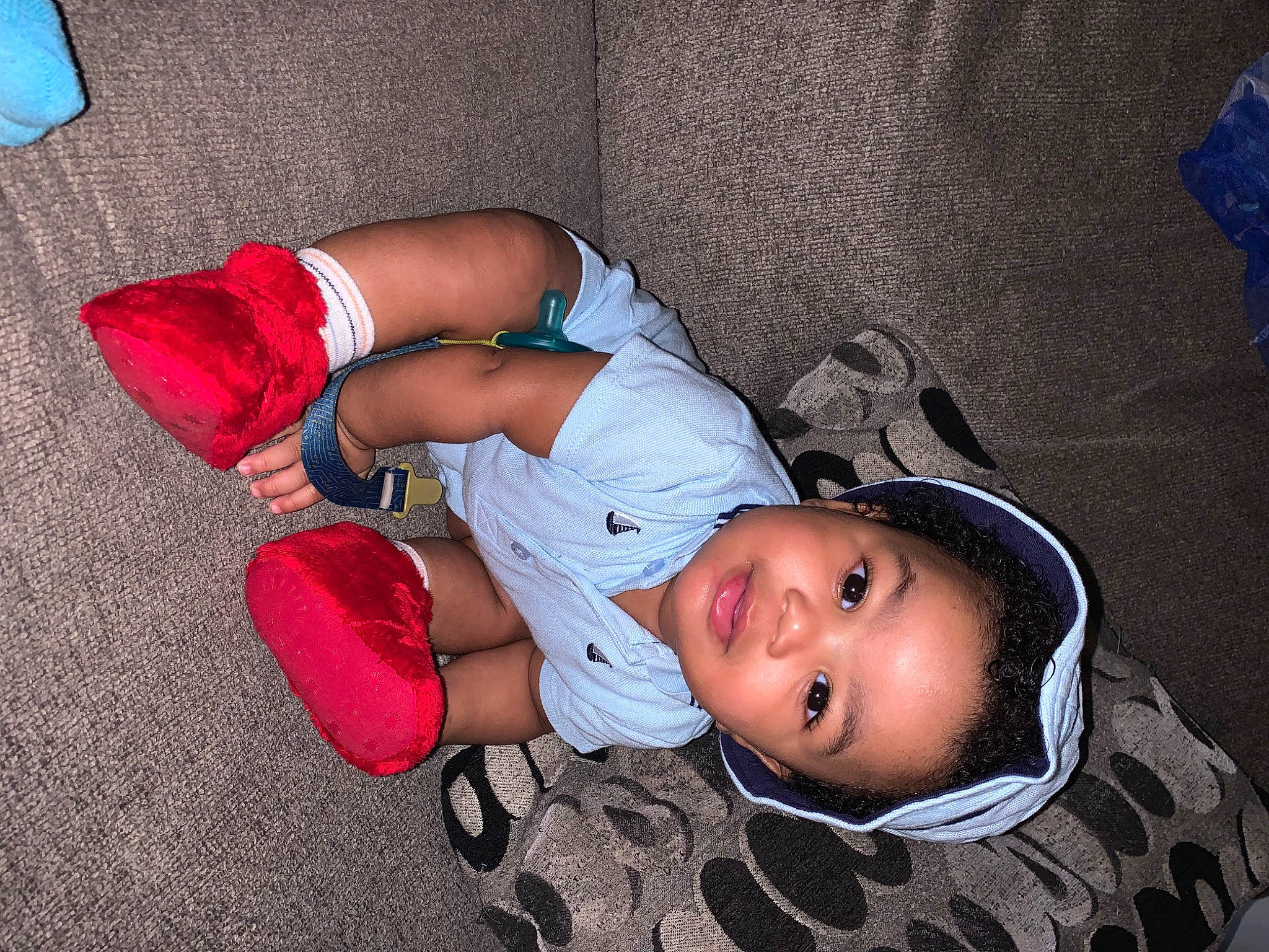 Kaston is registered to the contest to win money with this photo: baby, baby_toddler_clothing, comfort, cool, elbow, eye, face, foot, fun, hat, human_leg, knee, leg, mouth, person, shorts, smile, sock, thigh, toddler