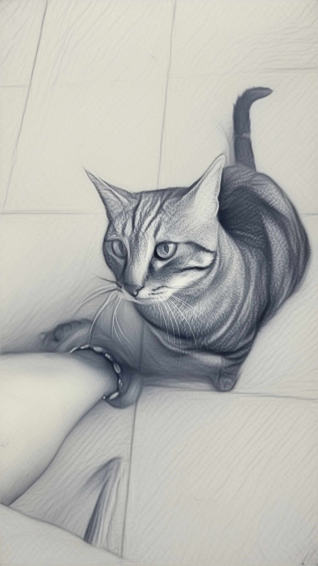 Cleetone a rejoint le concours — aidez-le/la à gagner de superbes lots ! cat, striped_cat, pet, animal, floor, tile, person_leg, bracelet, whiskers, ears, tail, portrait, looking_up, indoor, feline, sitting, close_up, monochrome, artistic, shading