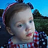 child, face, portrait, outdoor, twilight, sky, greenery, headband, clothing, stars, stripes, red, white, blue, young_child, person, blurry, closeup, nature, cute