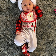 Ezra is registered to the contest to win money with this photo: baby, infant, christmas, holiday, santa_hat, bib, onesie, red, white, striped_socks, carpet, floor, cute, festive, smiling, lying_down, child, person, indoors, cozy