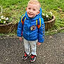 backpack, blue_jacket, boy, casual_clothing, child, cute, daylight, flower_pot, grass, greenery, happy, nature, outdoor, pavement, playful, portrait, shoes, smiling, standing, young