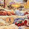 baby, bed, blanket, child, cozy, fairy_lights, infant, lying_down, milestone_photo, nursery, one_month_old, outdoor, pillows, portrait, smiling, soccer_ball, stuffed_animal, sunset, teddy_bear, toy_truck
